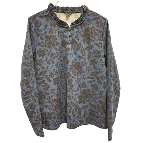 Ann Taylor Top Womens Medium Navy Black Floral Long Sleeve 1/4 Button Office - Picture 1 of 8